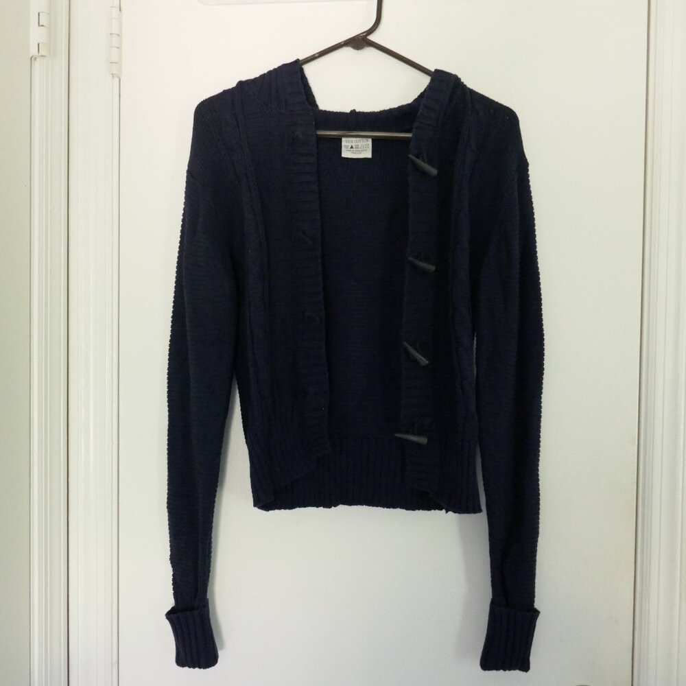 cozy navy blue cable knit hooded open front sweater size S - Picture 2 of 4